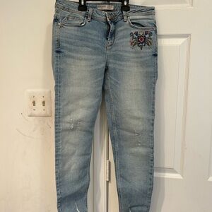 Zara Light Blue Skinny Jeans with Floral Embroidery